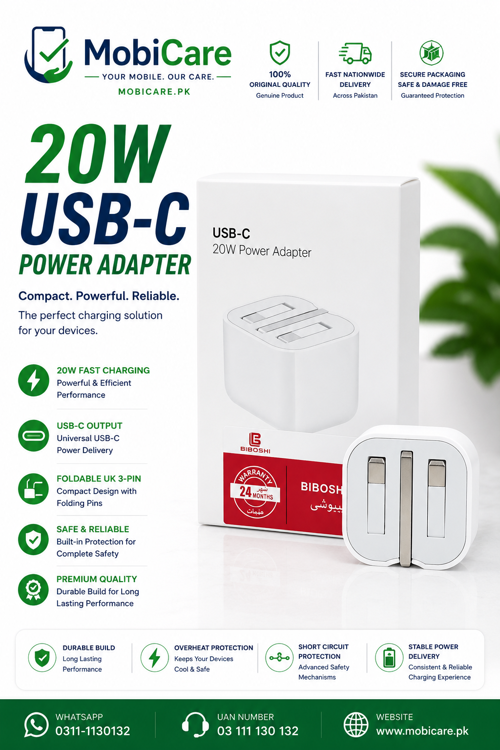 Biboshi 20W USB-C Fast Charger Adapter with Foldable UK Plug