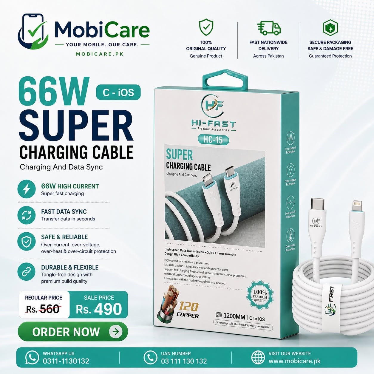 HI-FAST HC-15 66W USB-C to Lightning Fast Charging Cable 1200mm